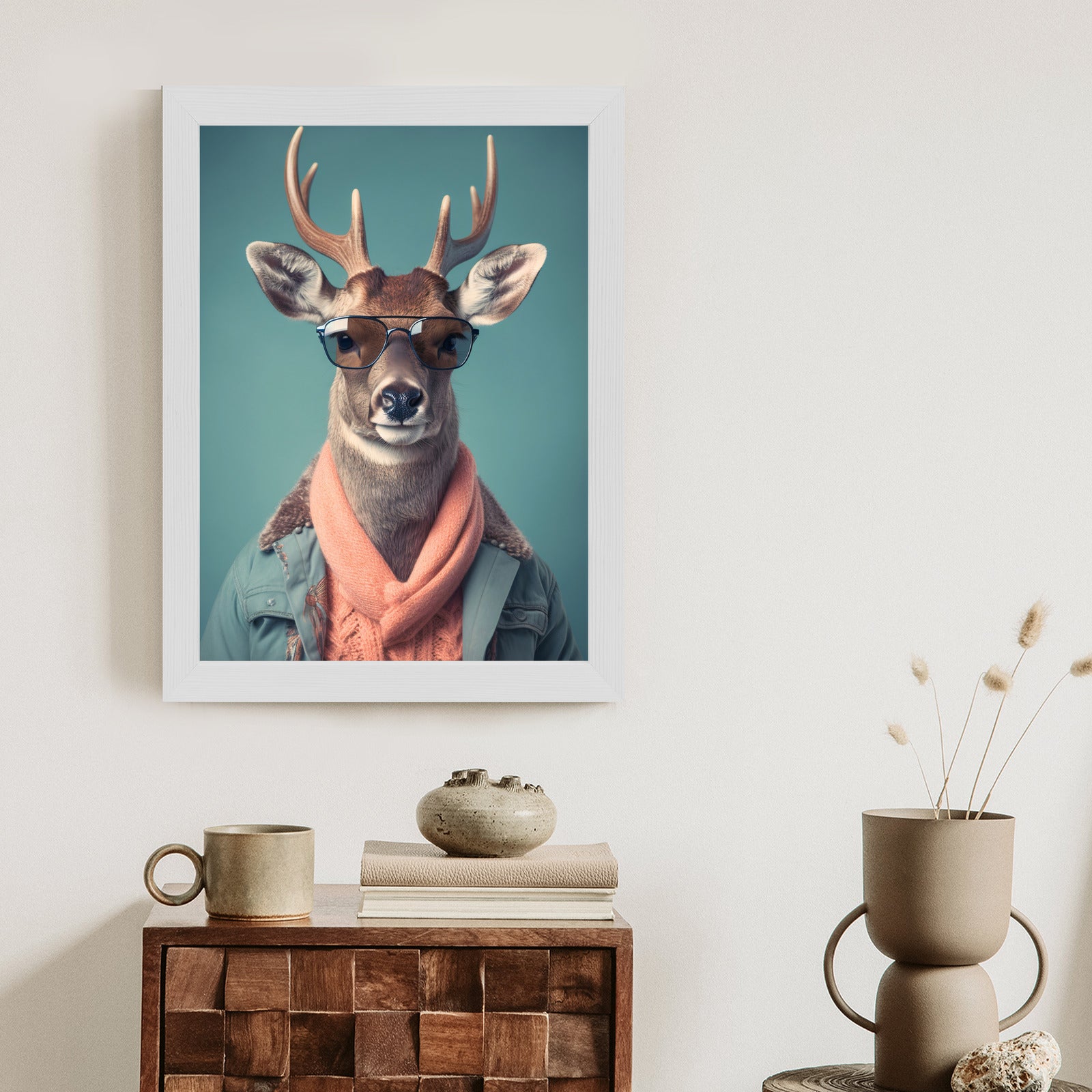 Plakat Jeleń W Modnym Stroju Rama Drewniana Z Passe-Partout Kolor Naturalny