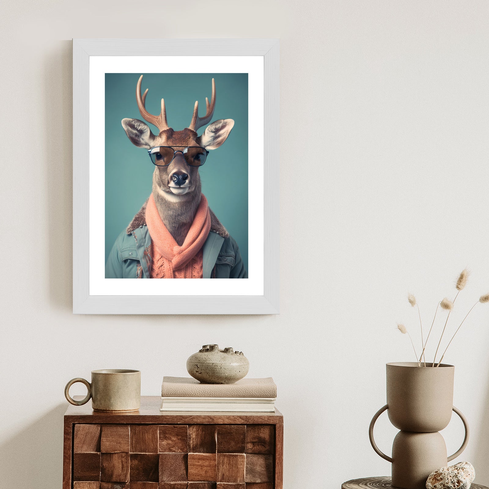 Plakat Jeleń W Modnym Stroju Rama Drewniana Z Passe-Partout Kolor Naturalny