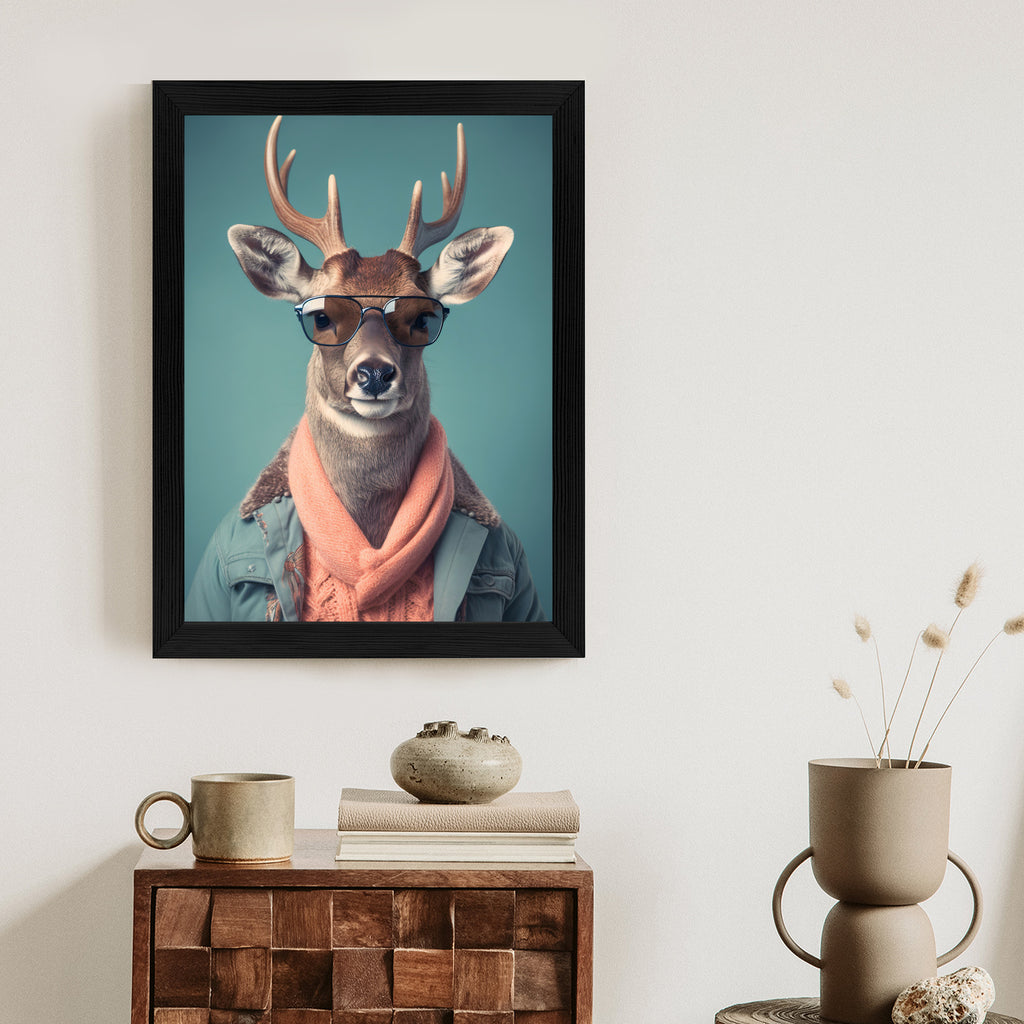 Plakat Jeleń W Modnym Stroju Rama Drewniana Z Passe-Partout Kolor Naturalny