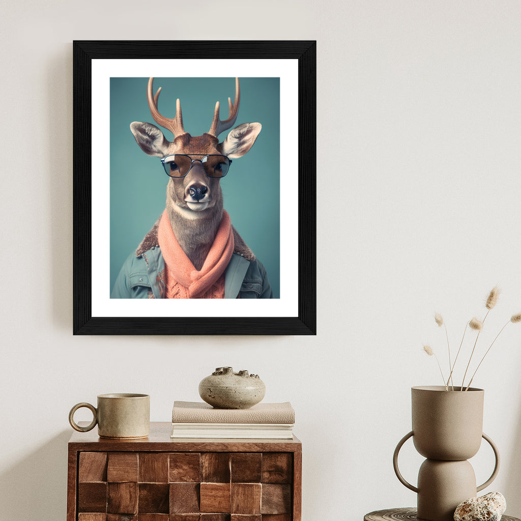 Plakat Jeleń W Modnym Stroju Rama Drewniana Z Passe-Partout Kolor Naturalny