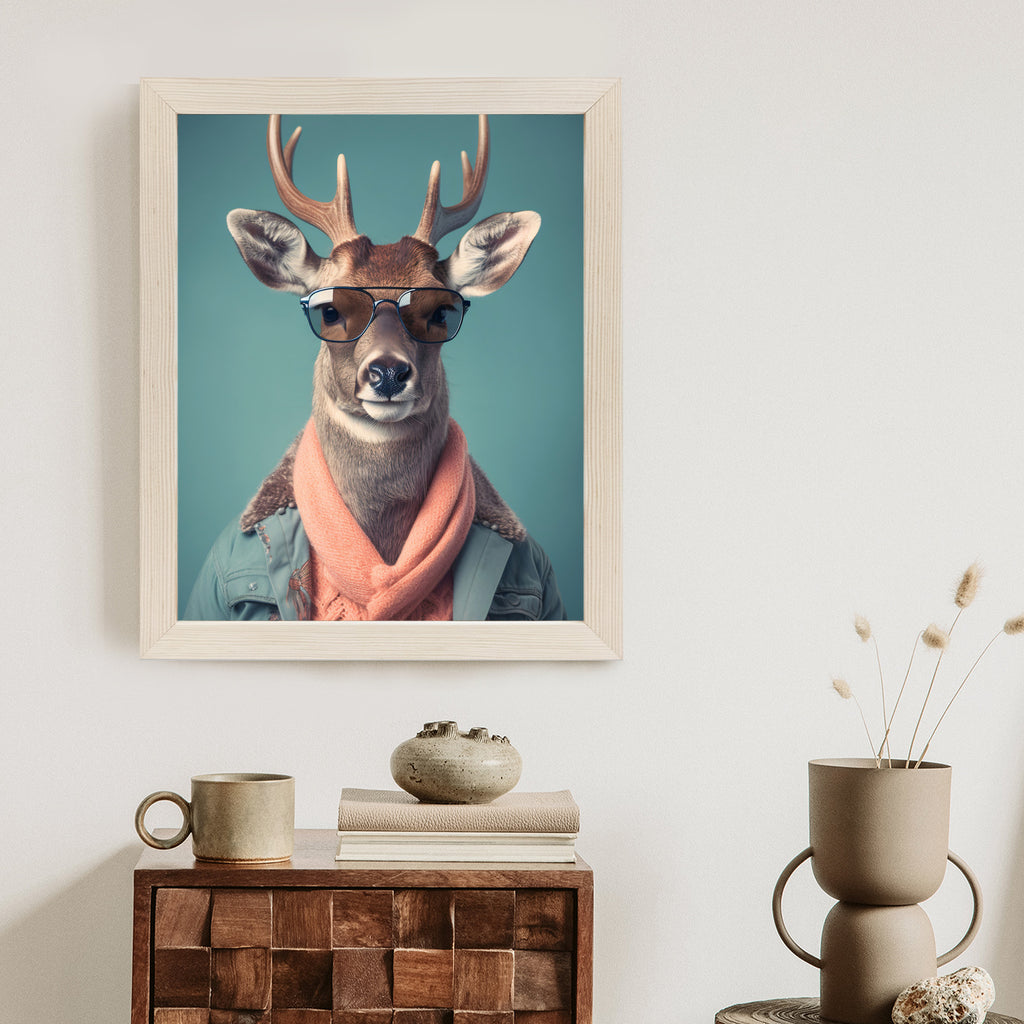 Plakat Jeleń W Modnym Stroju Rama Drewniana Z Passe-Partout Kolor Naturalny
