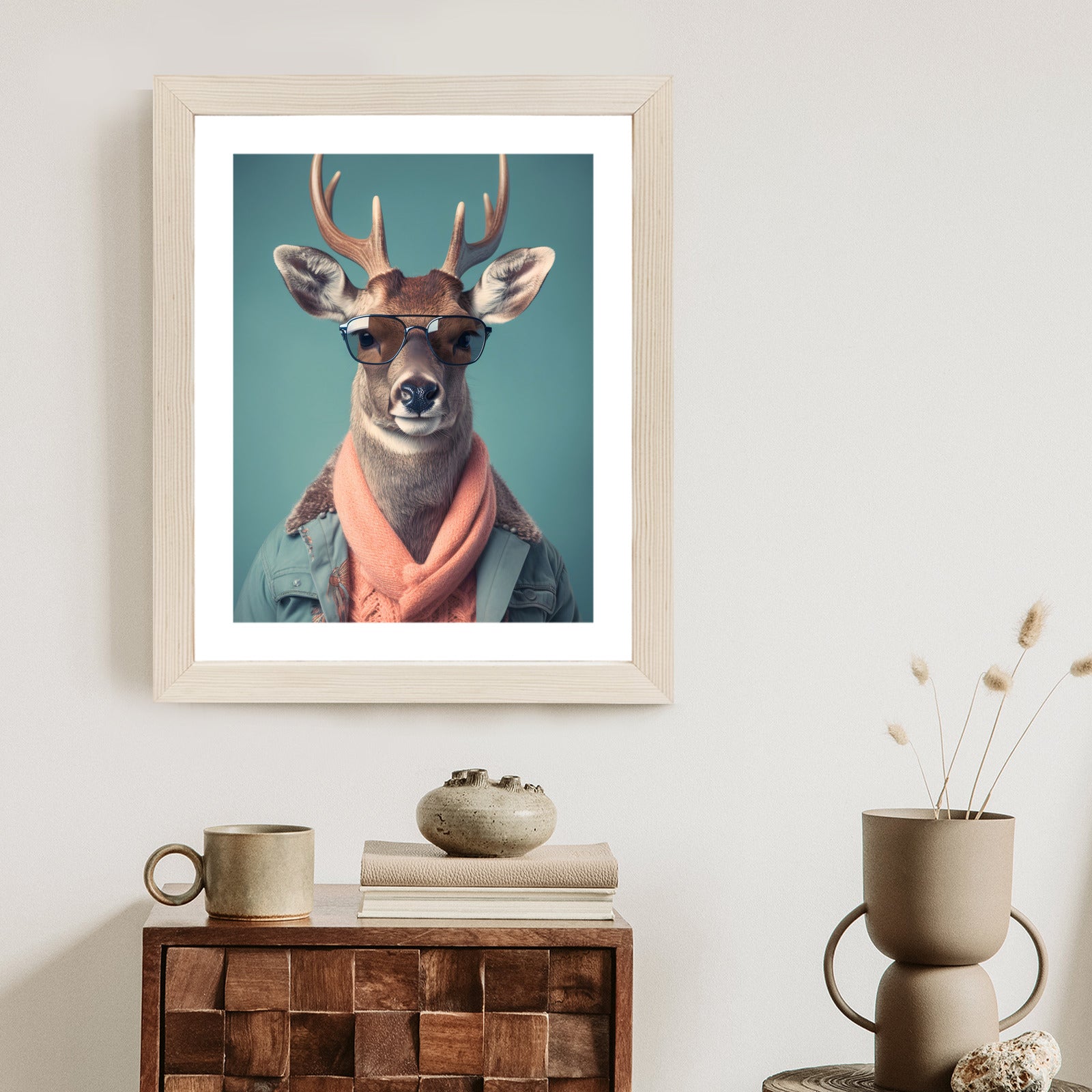 Plakat Jeleń W Modnym Stroju Rama Drewniana Z Passe-Partout Kolor Naturalny