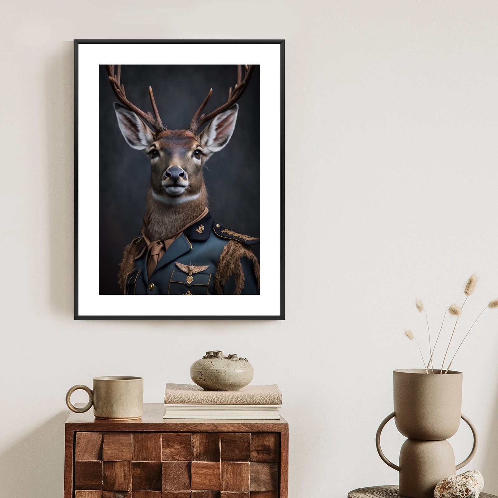 Plakat Jeleń W Wojskowym Mundurze Rama Drewniana Z Passe-Partout Kolor Naturalny