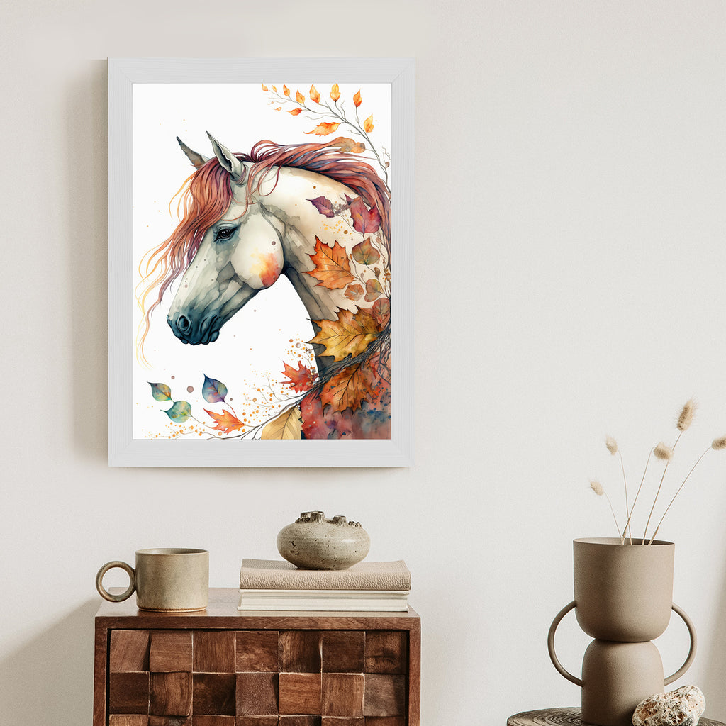 Plakat Akwarela Z Koniem W Jesiennych Liściach Rama Drewniana Z Passe-Partout Kolor Naturalny