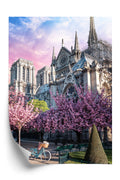 Plakat Katedra Notre Dame De Paris O Wschodzie Słońca I Kwitnące Wiśnie Rama Aluminiowa Kolor Czarny