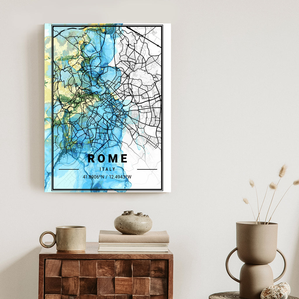 Plakat Mapa Rzymu Na Abstrakcyjnym Marmurowym Tle Rama Aluminiowa Kolor Czarny