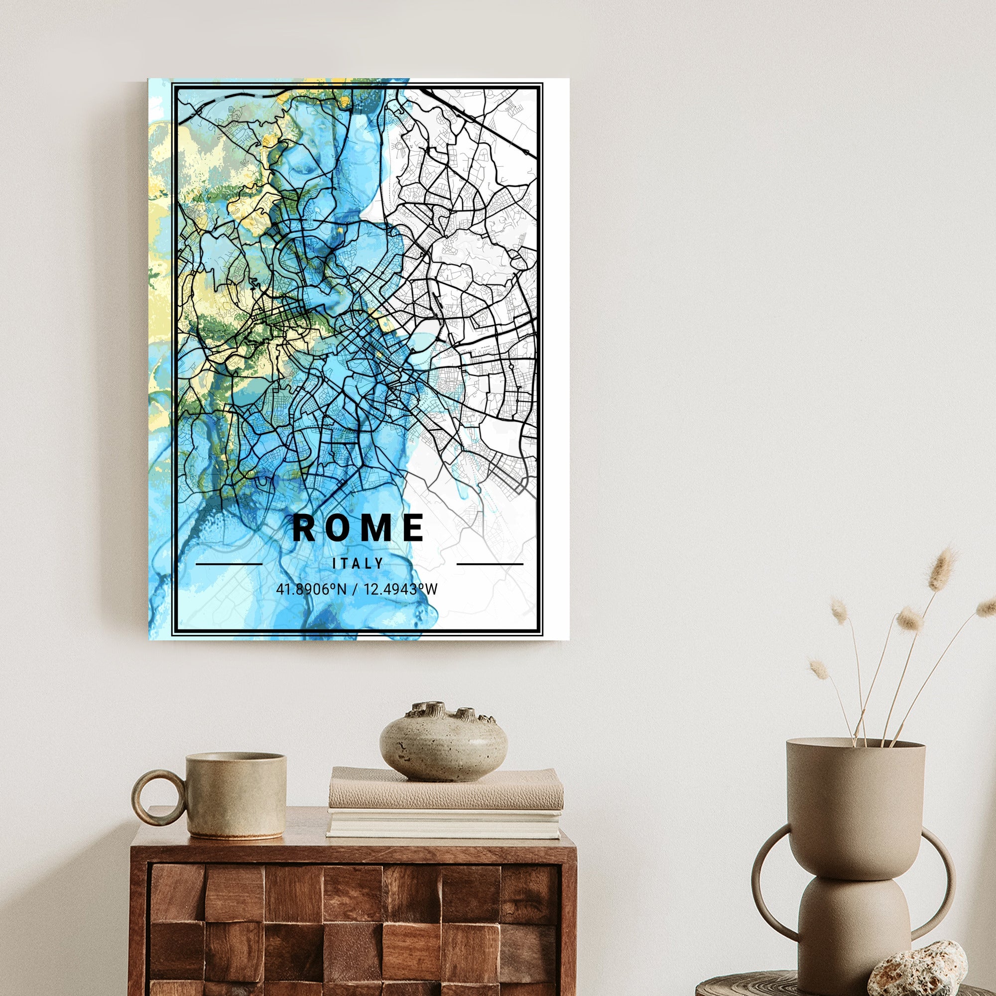 Plakat Mapa Rzymu Na Abstrakcyjnym Marmurowym Tle Rama Aluminiowa Kolor Czarny