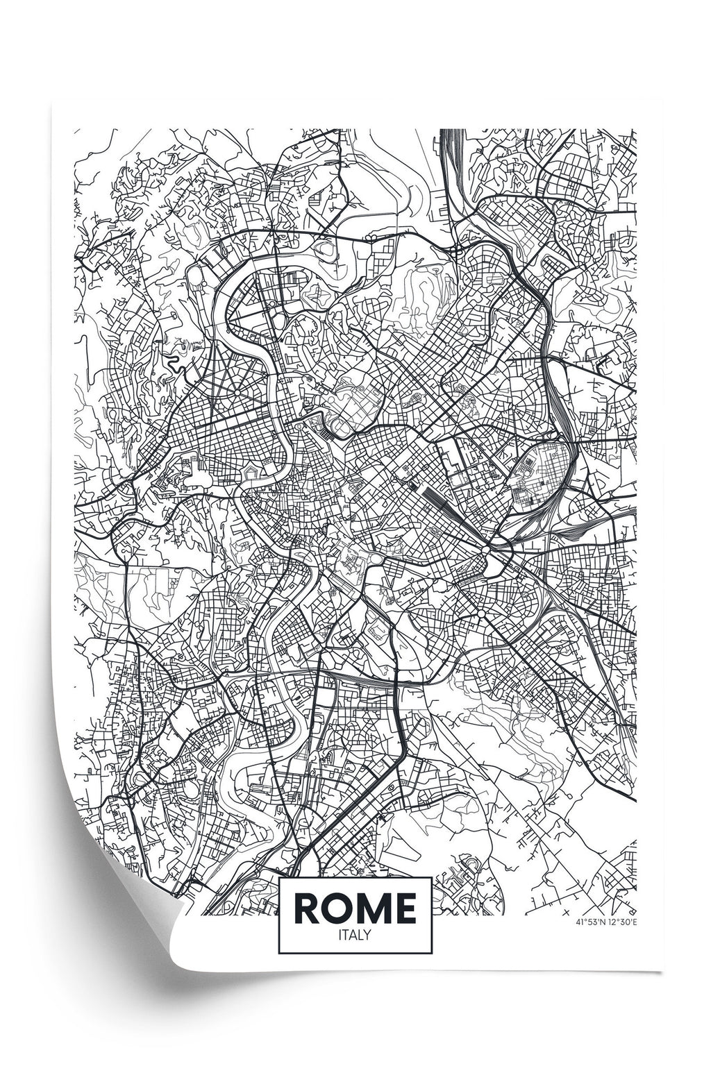 Plakat Rzym Czarno Biała Mapa Miasta Rama Aluminiowa Kolor Czarny