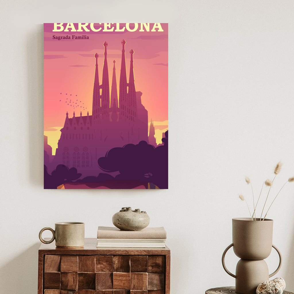 Plakat Barcelona Sagrada Familia Różowa Ilustracja O Zachodzie Słońca Rama Aluminiowa Kolor Czarny