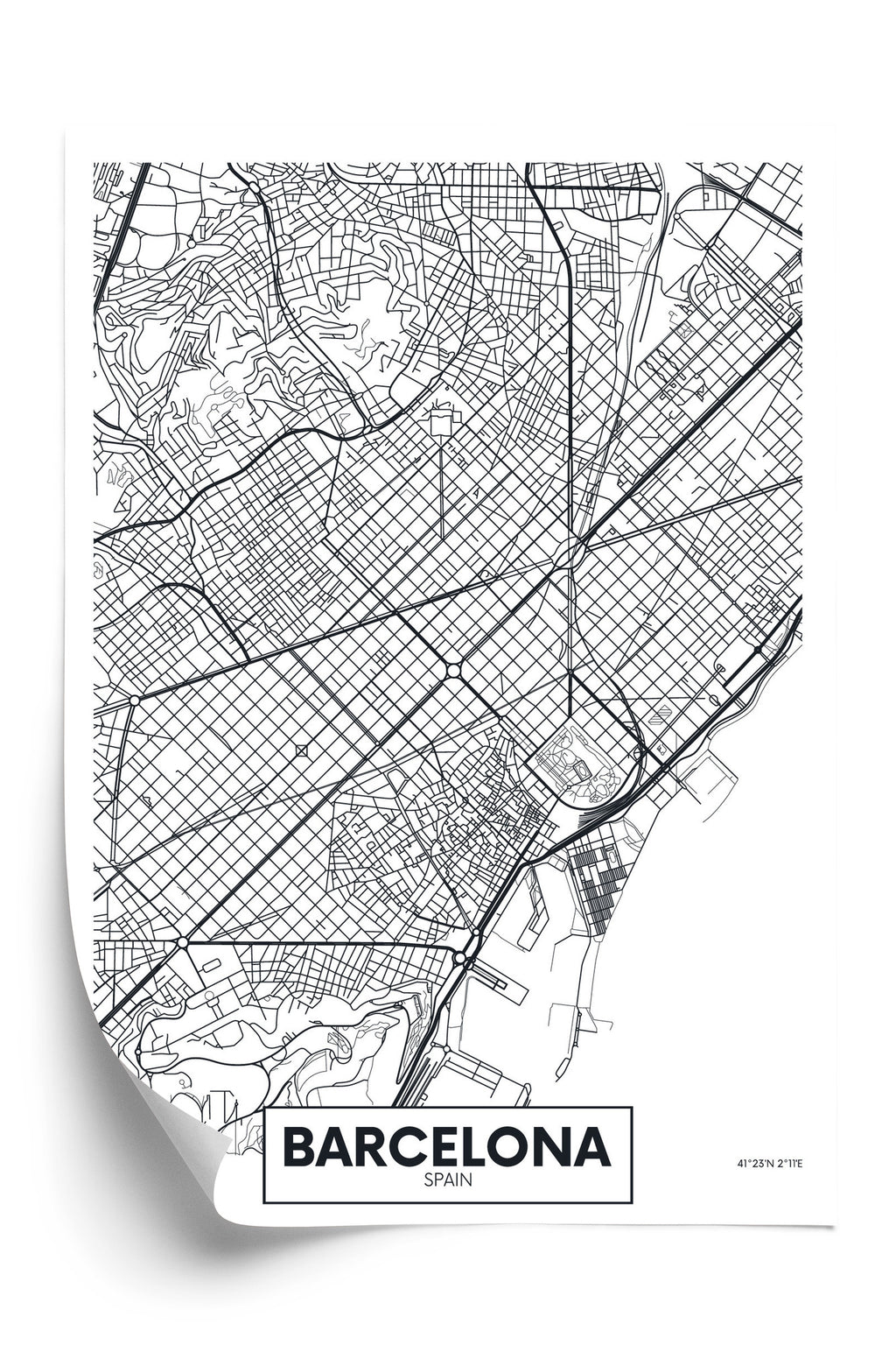Plakat Czarno-Biała Mapa Barcelony Rama Aluminiowa Kolor Czarny