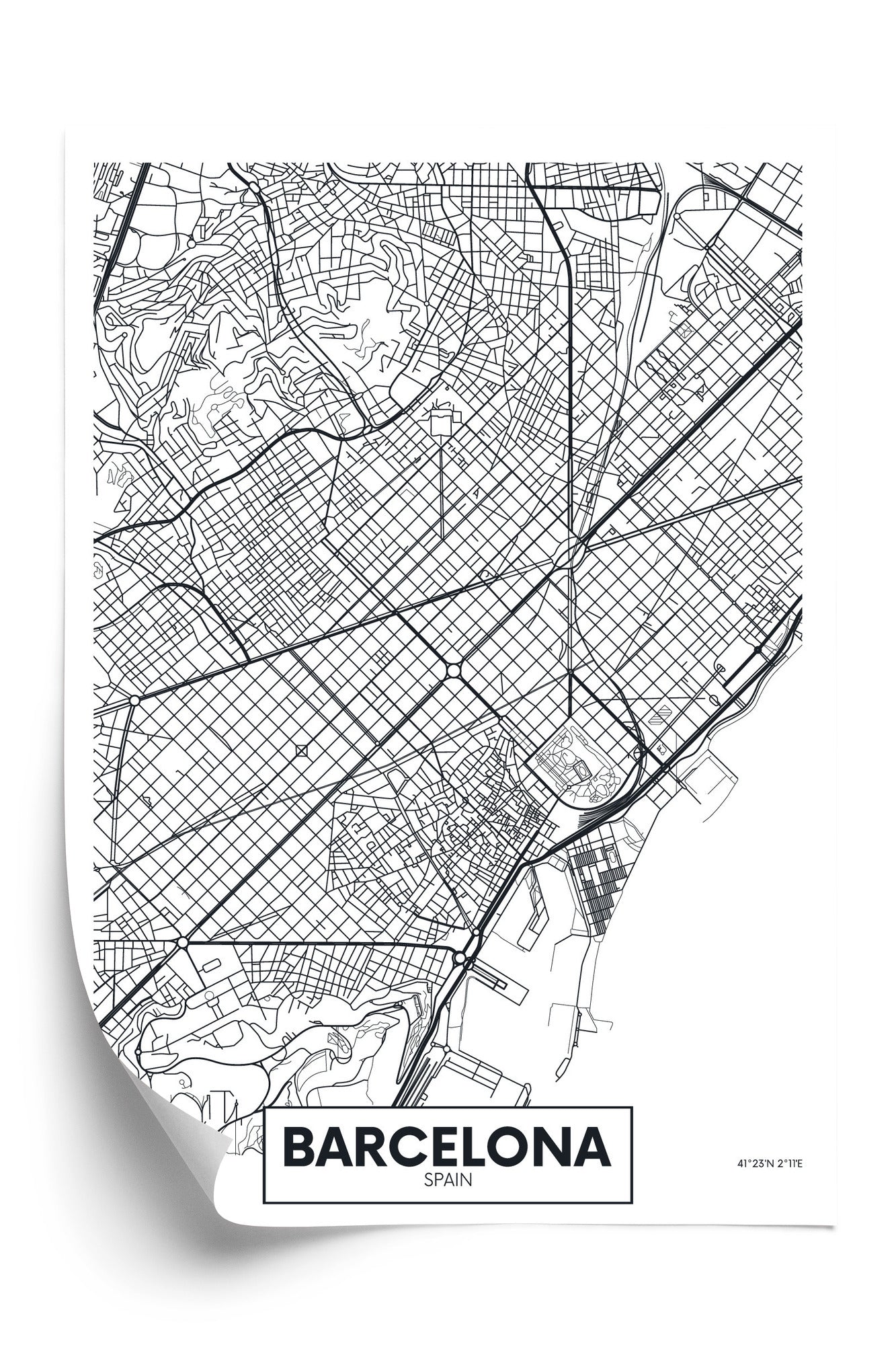 Plakat Czarno-Biała Mapa Barcelony Rama Aluminiowa Kolor Czarny