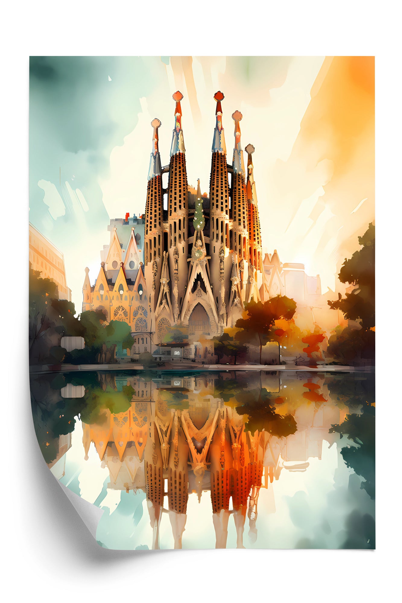 Plakat Kościół Sagrada Familia Malowany Akwarelą Rama Aluminiowa Kolor Czarny