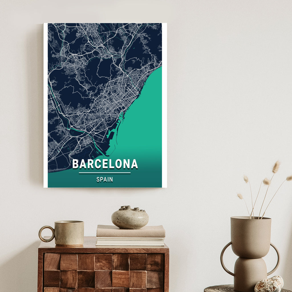Plakat Granatowa Mapa Barcelony Rama Aluminiowa Kolor Czarny