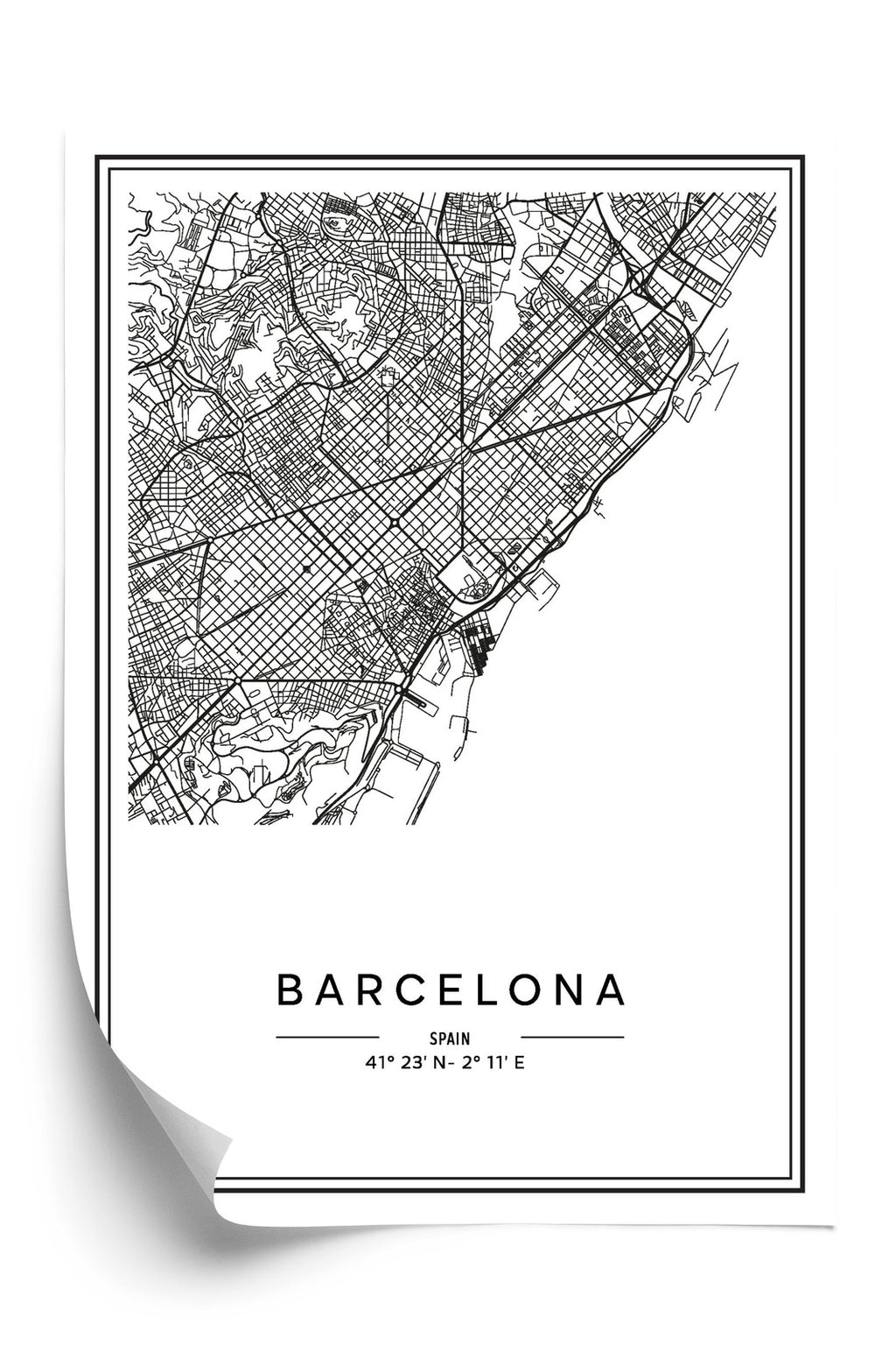 Plakat Mapa Miasta Barcelona W Czerni I Bieli Rama Aluminiowa Kolor Czarny