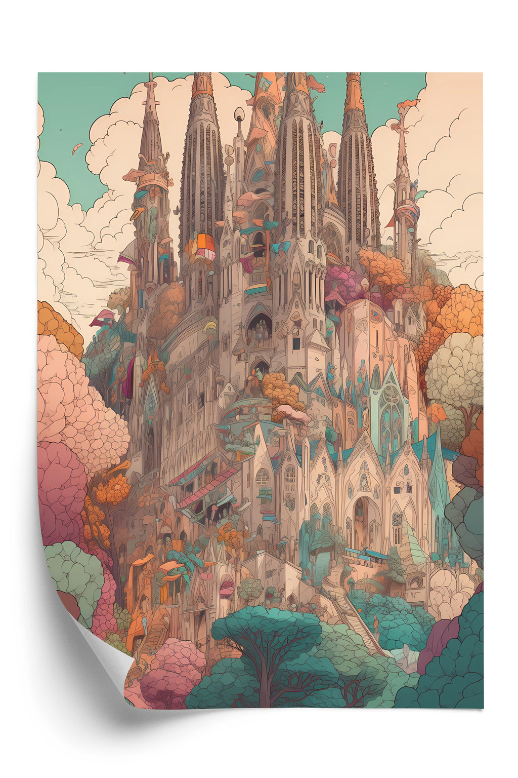 Plakat Sagrada Familia Kolorowa Ilustracja Rama Aluminiowa Kolor Czarny