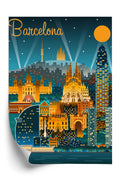 Plakat Barcelona Nocą Z Oświetlonymi Budynkami Rama Aluminiowa Kolor Czarny