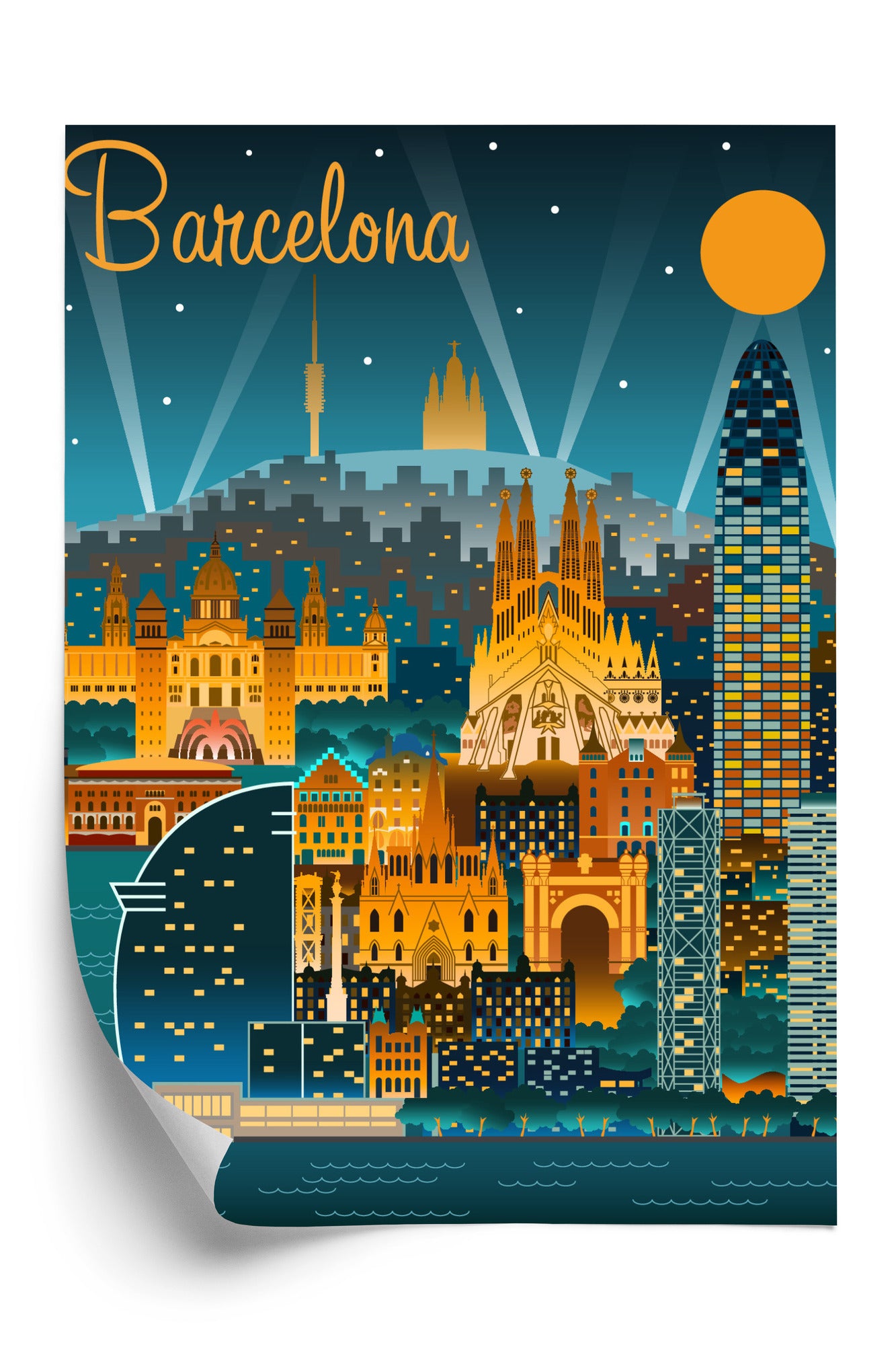 Plakat Barcelona Nocą Z Oświetlonymi Budynkami Rama Aluminiowa Kolor Czarny