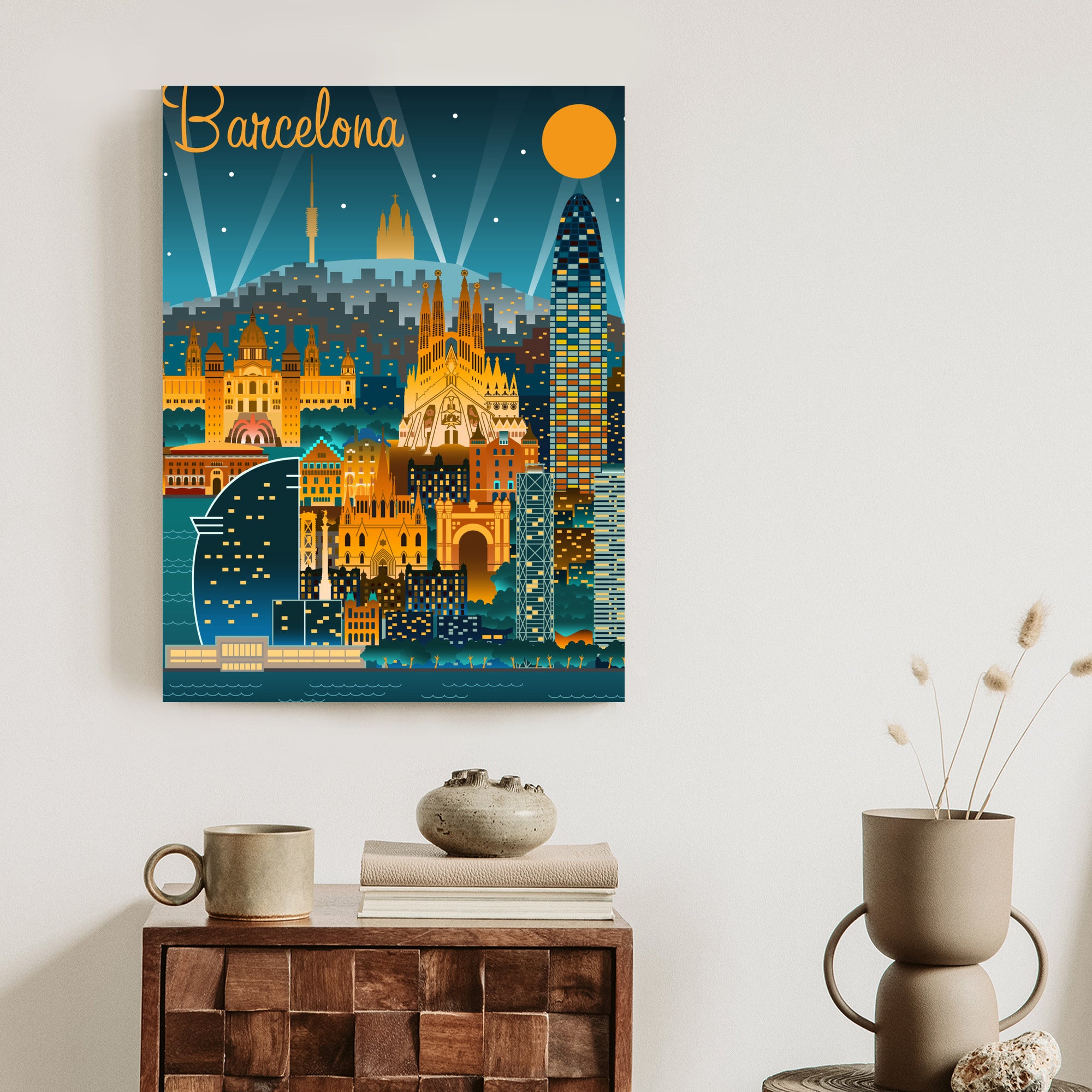 Plakat Barcelona Nocą Z Oświetlonymi Budynkami Rama Aluminiowa Kolor Czarny
