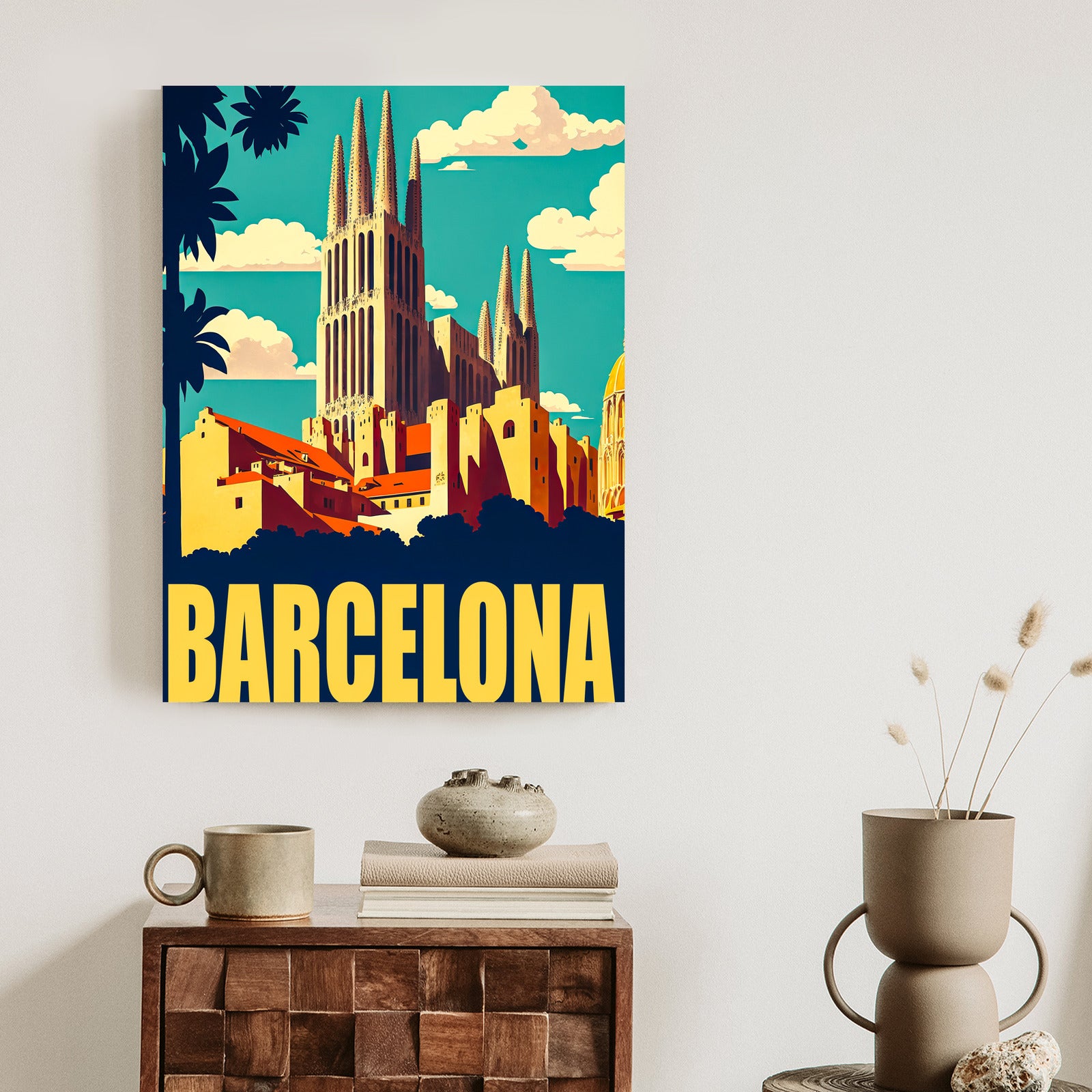 Plakat Napis Barcelona Z Sagrada Familia W Tle Rama Aluminiowa Kolor Czarny