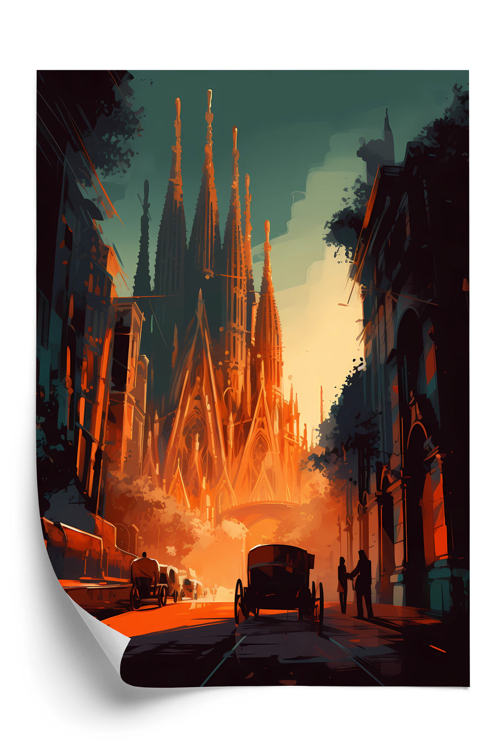 Plakat Kościół Sagrada Familia I Zachód Słońca Rama Aluminiowa Kolor Czarny