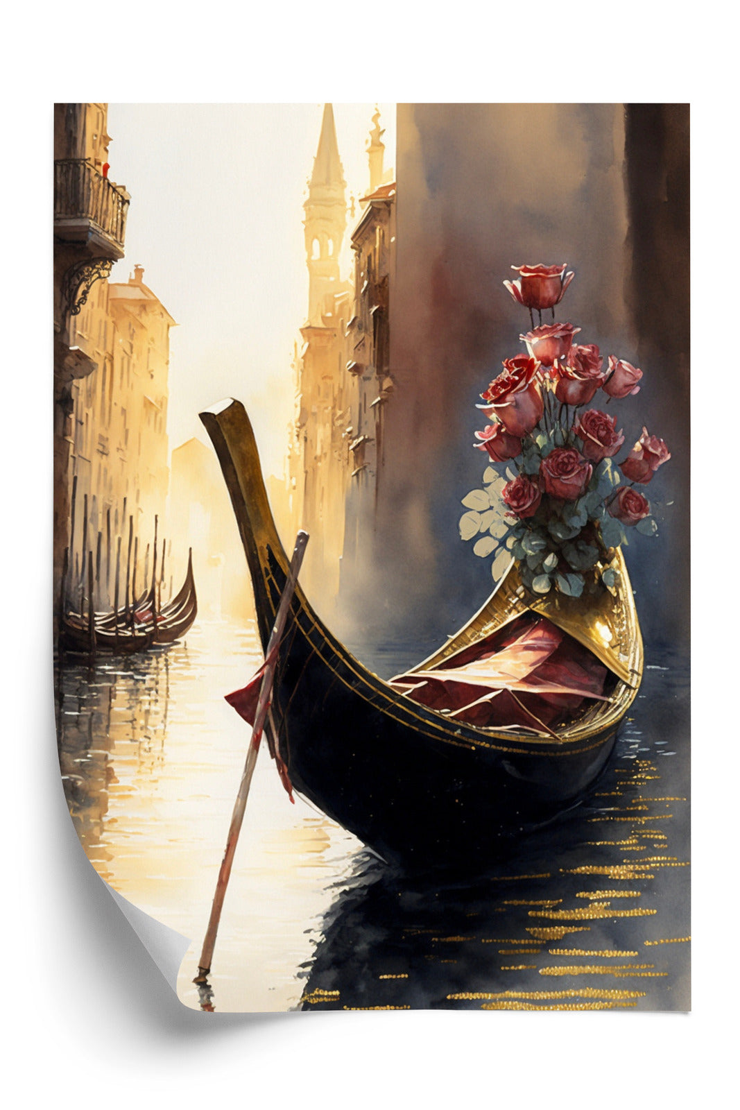 Plakat Gondola Z Bukietem Róż W Wenecji Rama Aluminiowa Kolor Czarny