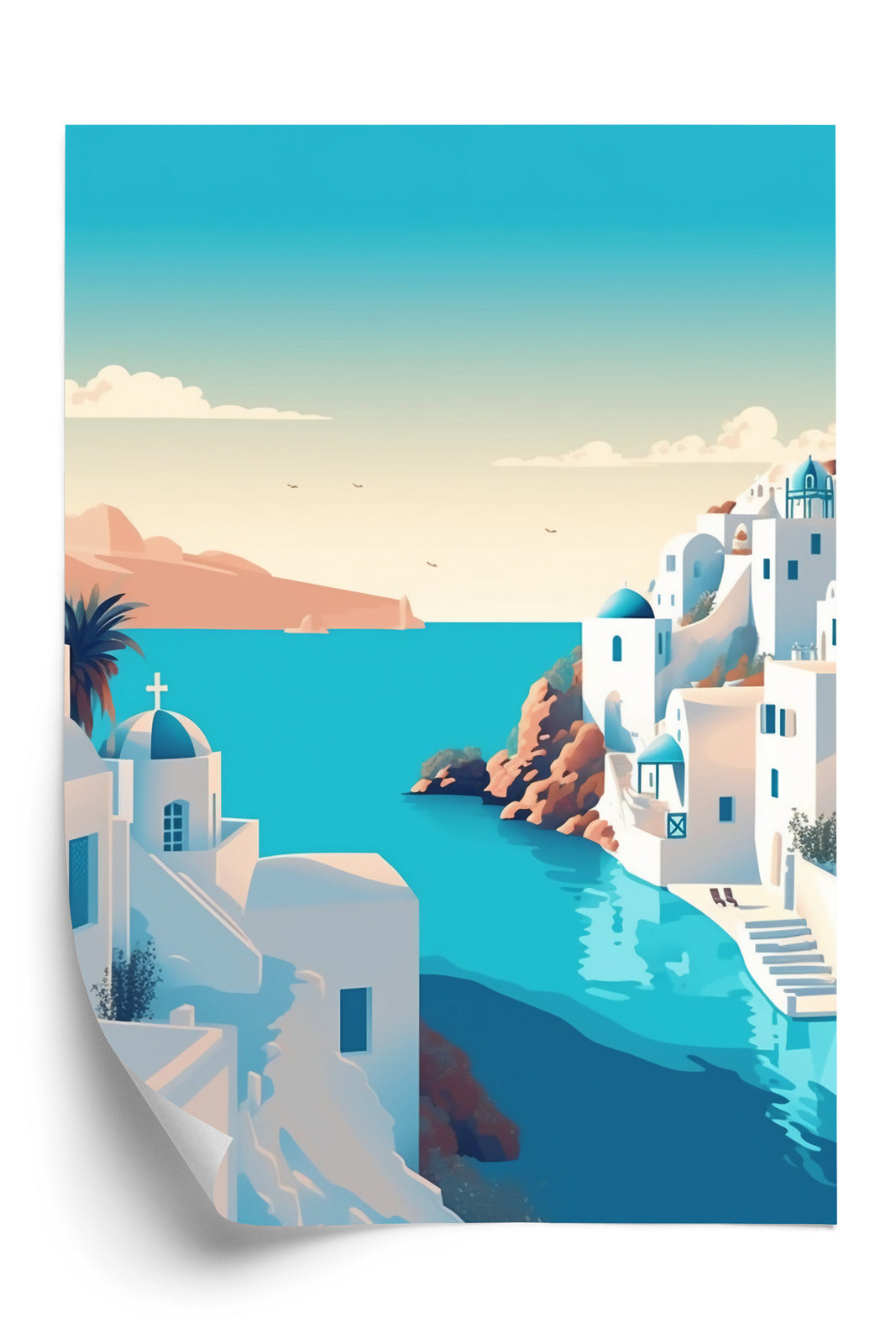 Plakat Piękne Santorini Z Błękitnym Morzem Ilustracja Rama Aluminiowa Kolor Czarny