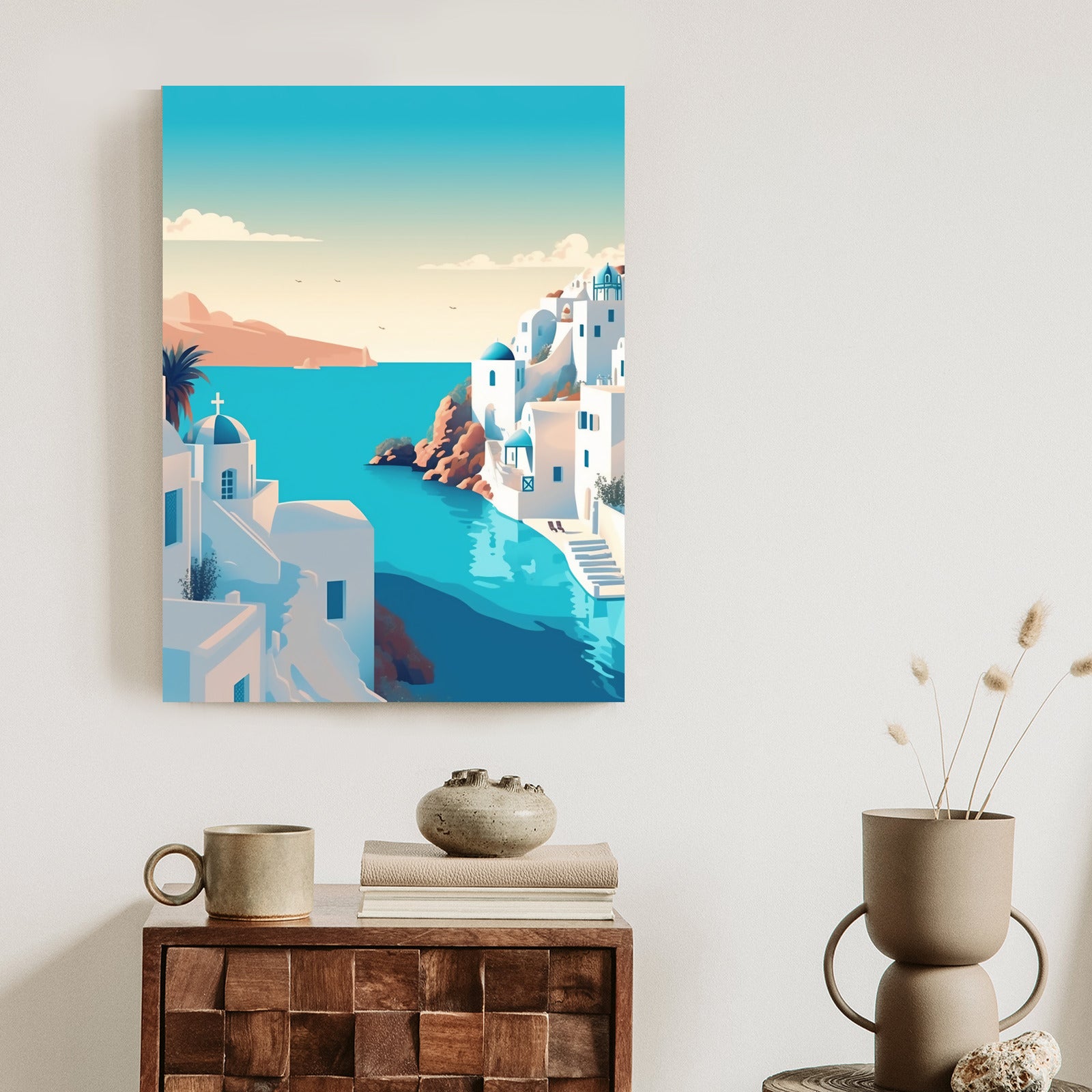 Plakat Piękne Santorini Z Błękitnym Morzem Ilustracja Rama Aluminiowa Kolor Czarny