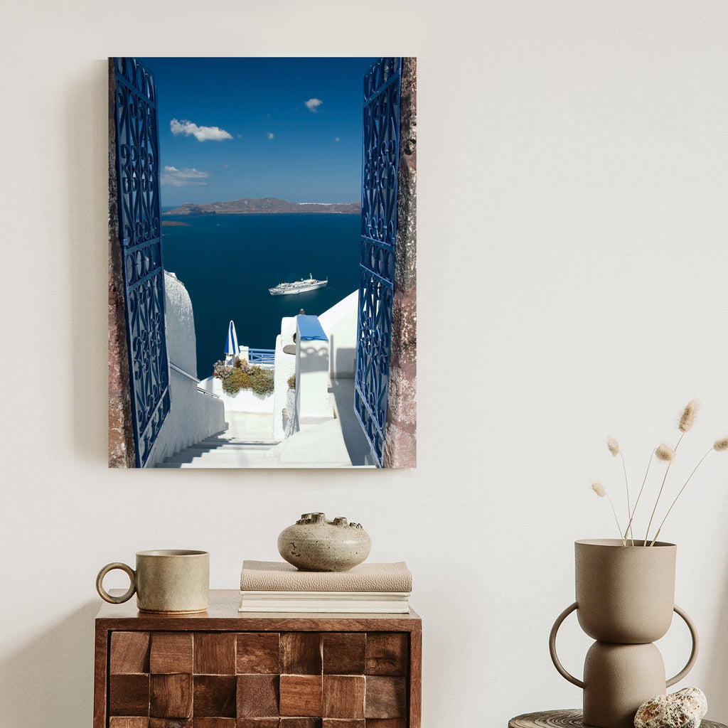 Plakat Santorini Niebieska Brama Z Widokiem Na Morze Rama Aluminiowa Kolor Czarny