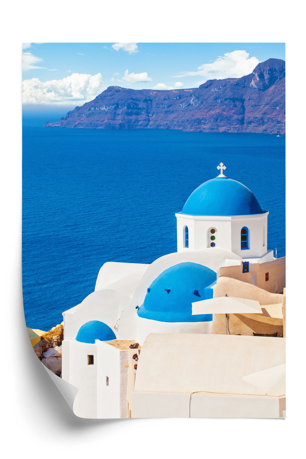 Plakat Krajobraz Santorini Z Białym Kościołem I Widokiem Na Błękitne Morze Rama Aluminiowa Kolor Czarny