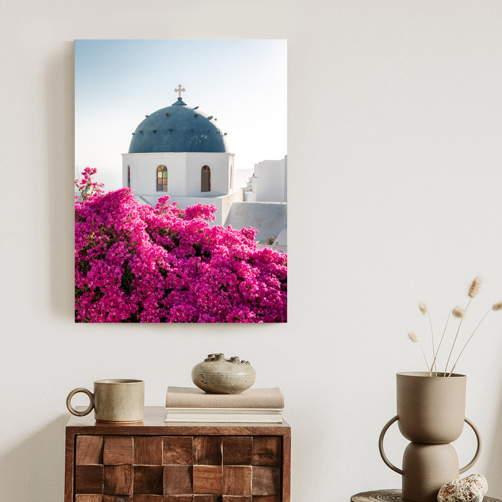 Plakat Typowa Architektura Santorini I Kwitnąca Bugenwilla Rama Aluminiowa Kolor Czarny