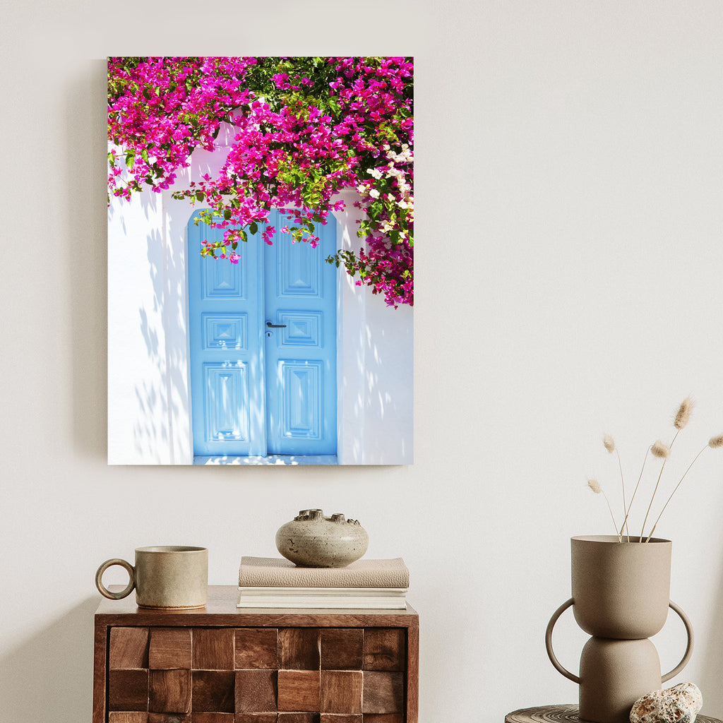 Plakat Niebieskie Drzwi I Różowe Kwiaty Tradycyjna Grecka Architektura Rama Aluminiowa Kolor Czarny