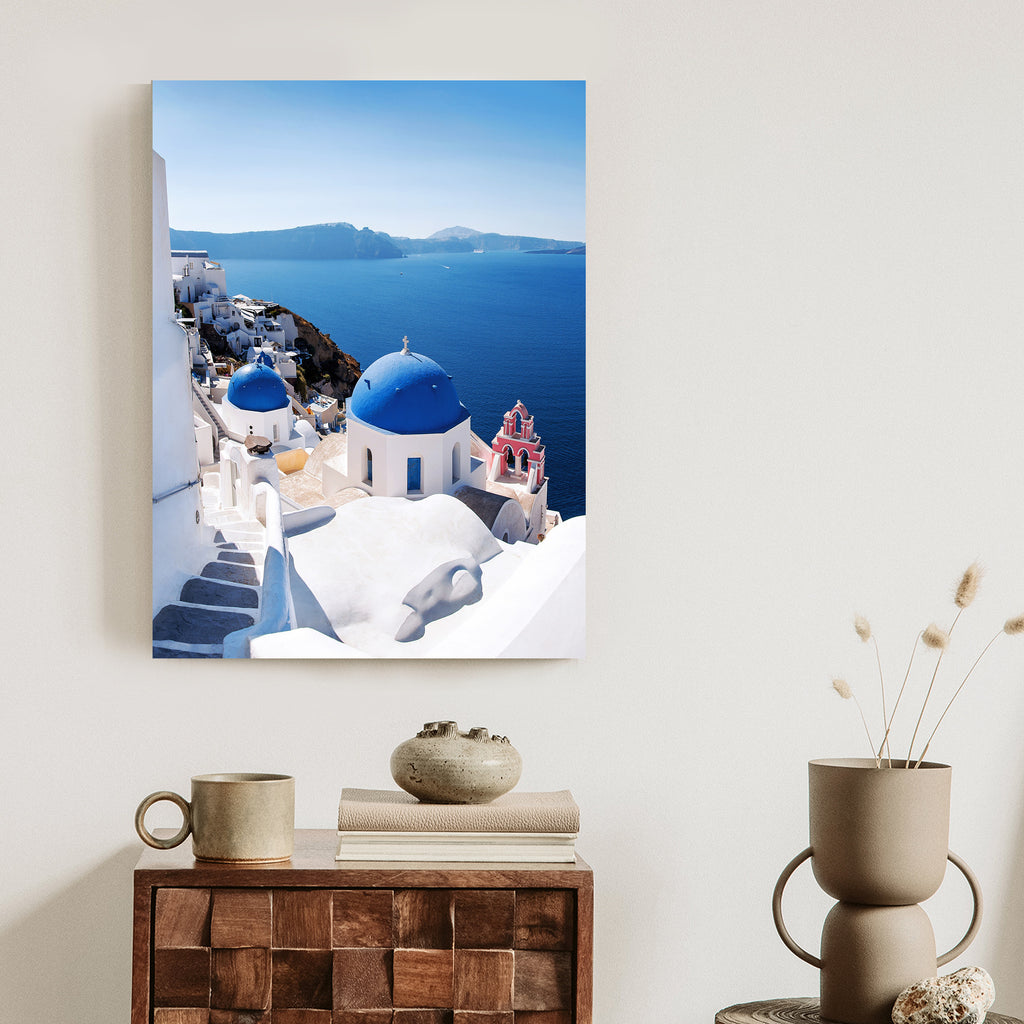 Plakat Tradycyjna Biała Architektura I Greckie Cerkwie Z Niebieskimi Kopułami Rama Aluminiowa Kolor Czarny