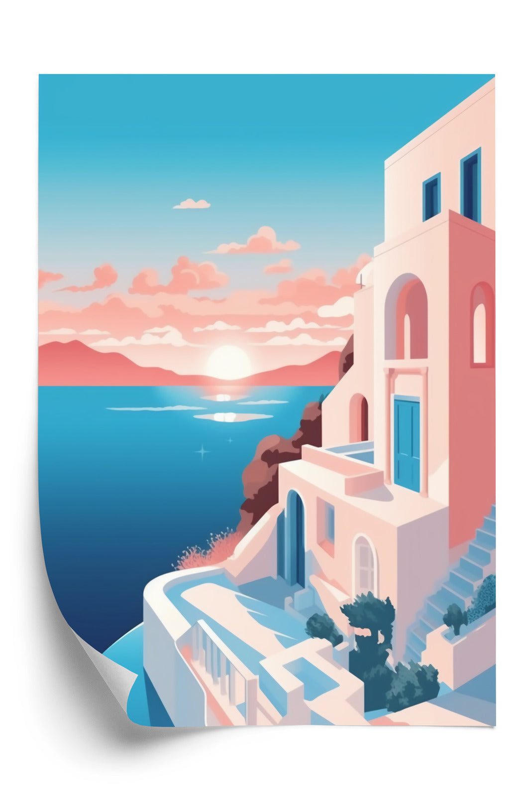 Plakat Ilustracja Z Zachodem Słońca Na Santorini Rama Aluminiowa Kolor Czarny