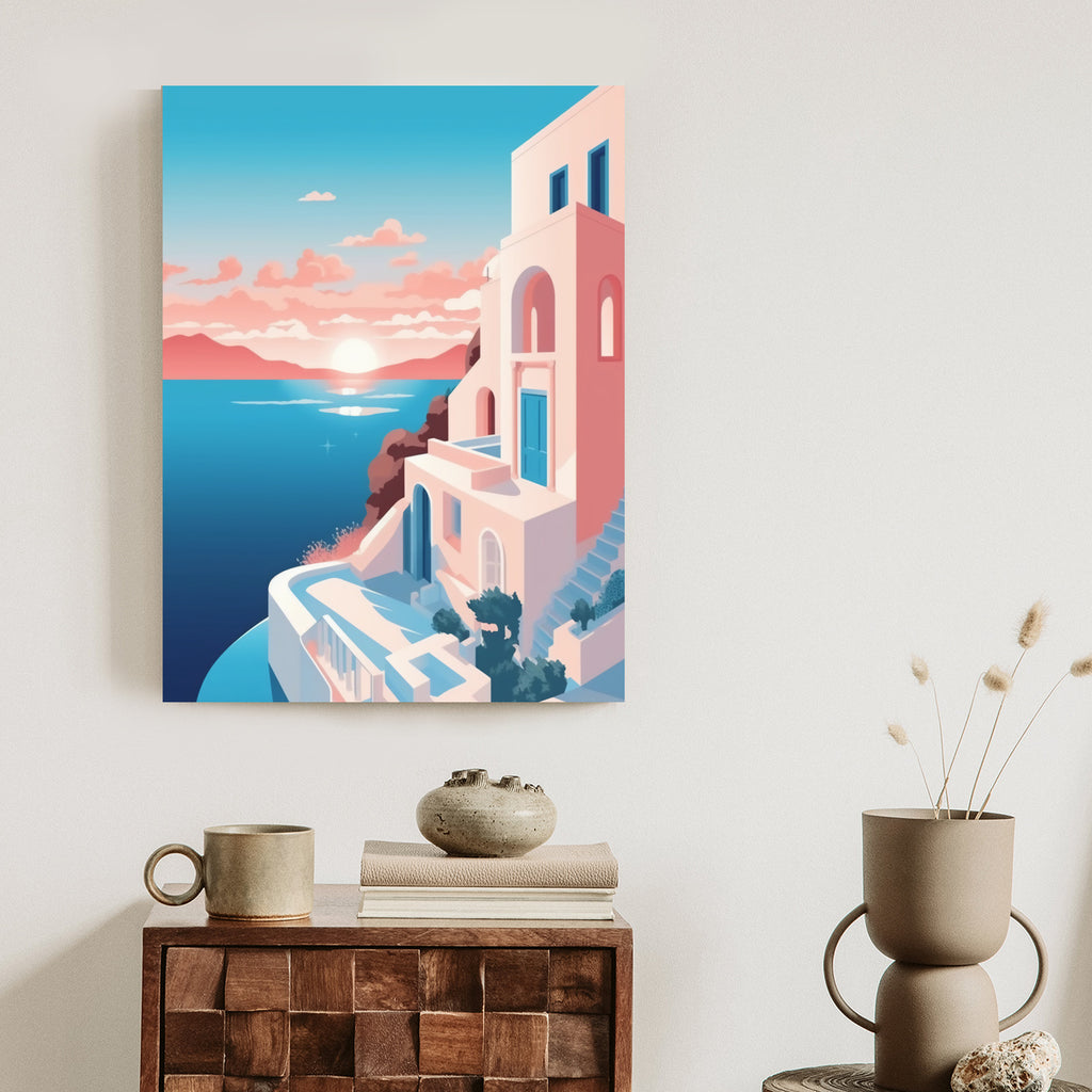 Plakat Ilustracja Z Zachodem Słońca Na Santorini Rama Aluminiowa Kolor Czarny