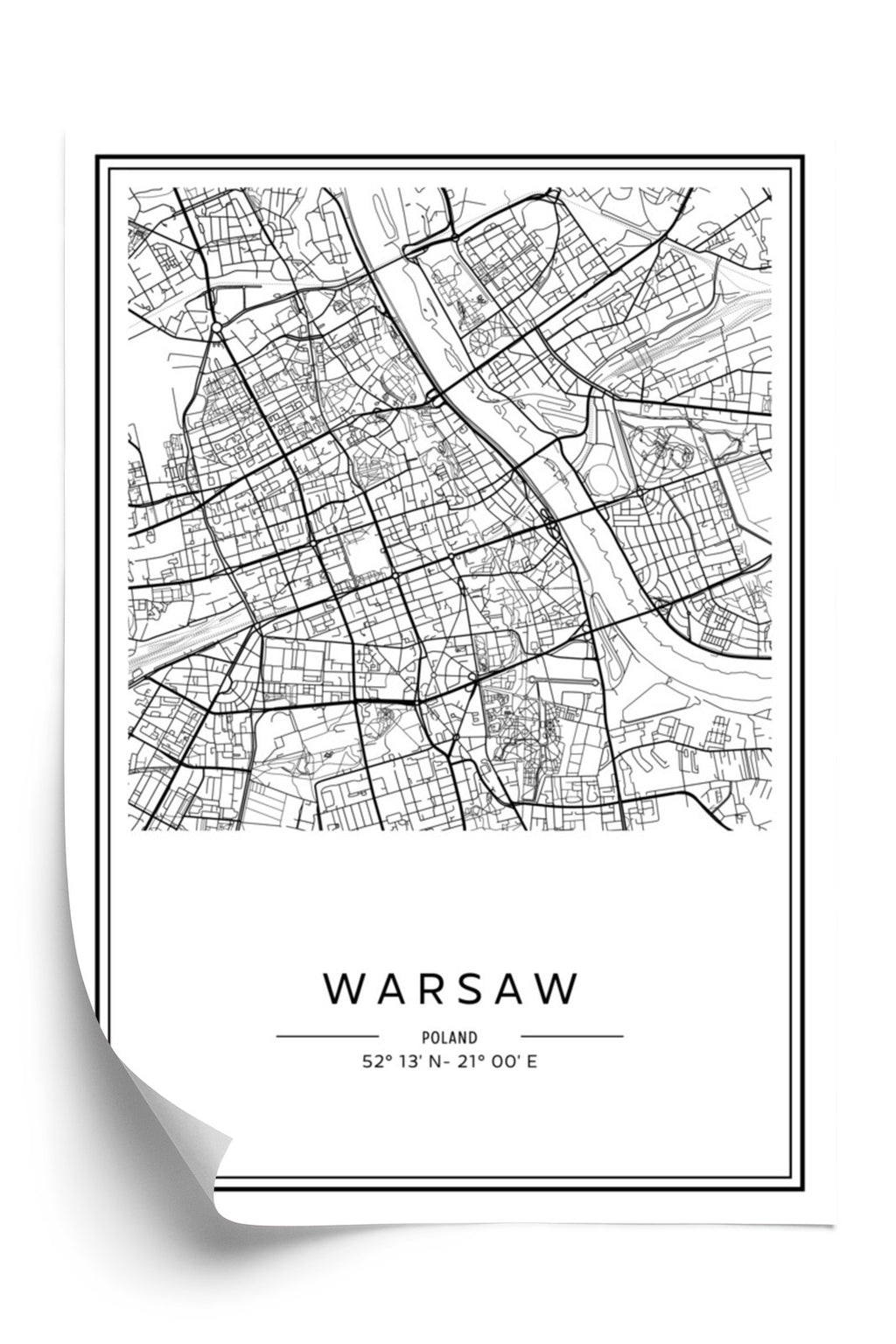 Plakat Warszawa Czarno Biała Mapa Rama Aluminiowa Kolor Czarny