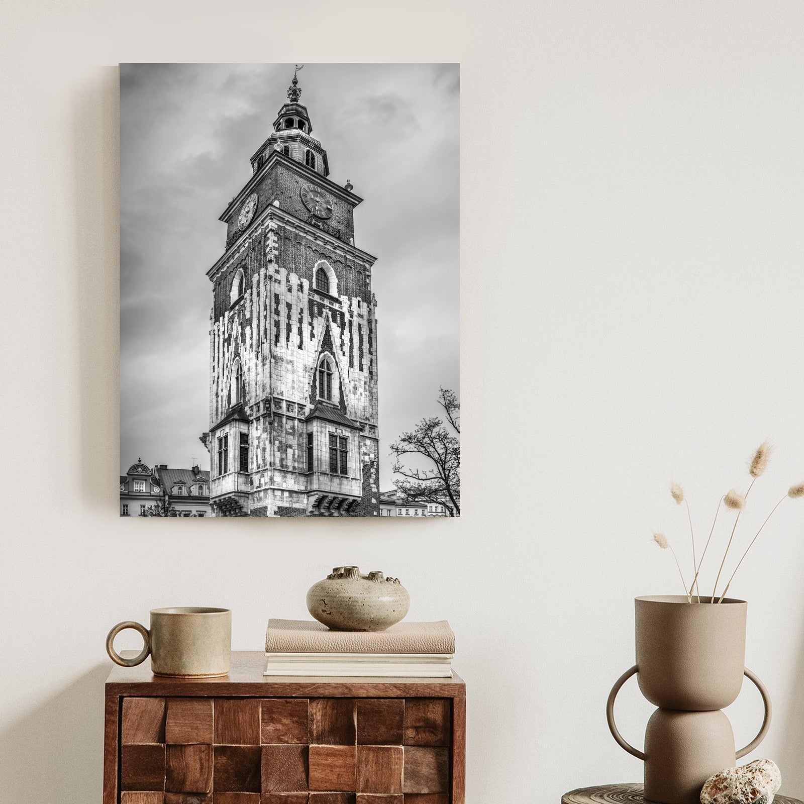 Plakat Czarno-Biała Fotografia Wieży Ratuszowej W Krakowie Rama Aluminiowa Kolor Czarny