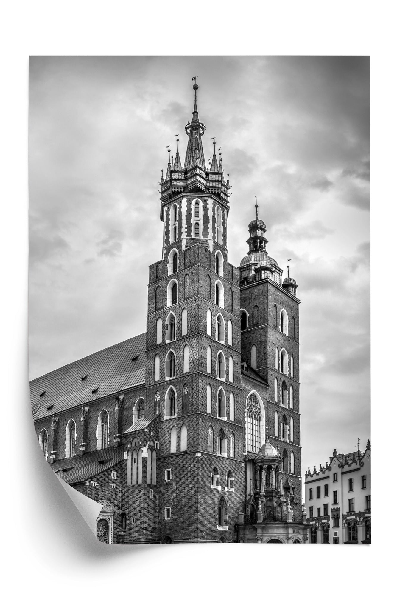 Plakat Czarno-Biała Fotografia Kościoła Mariackiego W Krakowie Rama Drewniana Z Passe-Partout Kolor Czarny