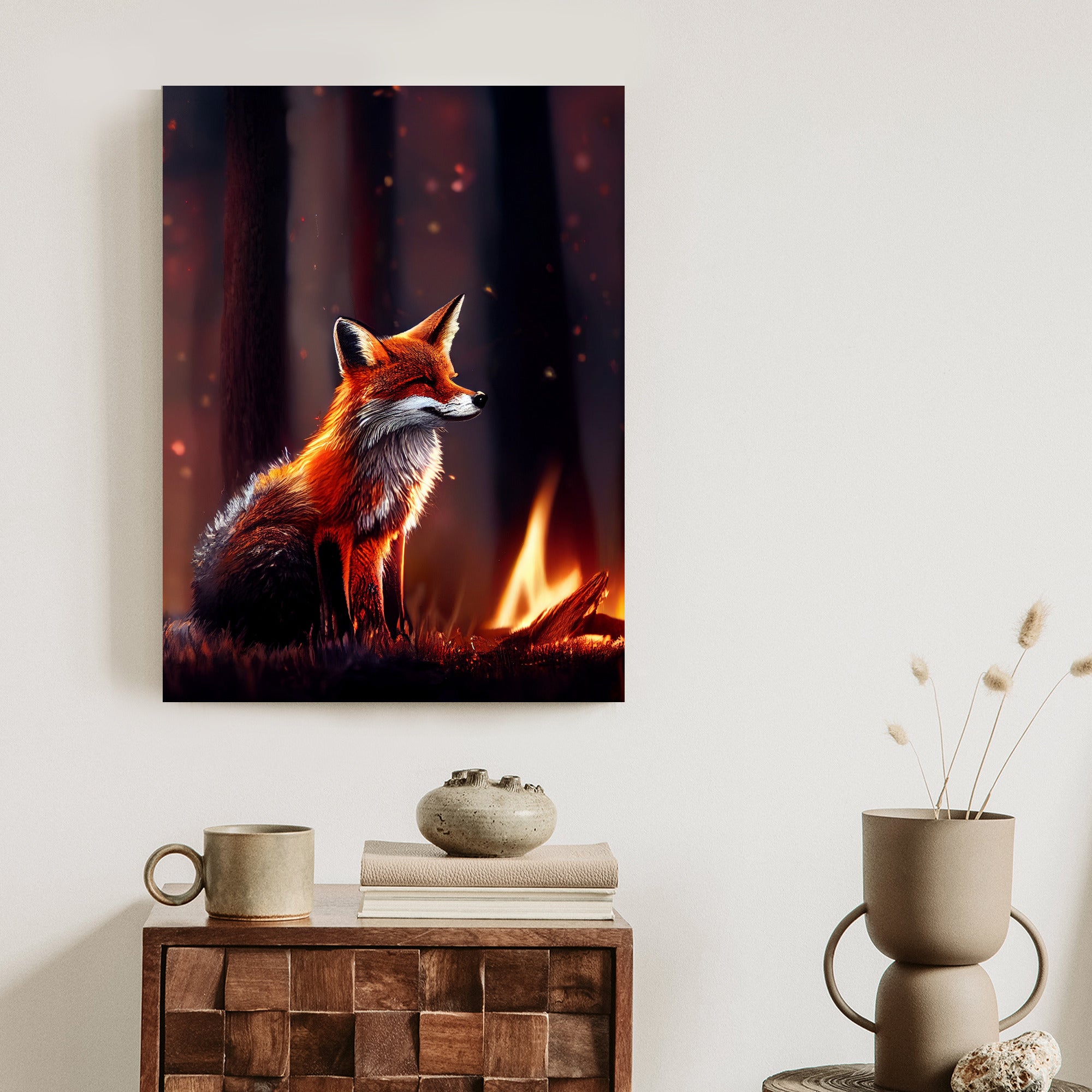 Plakat Lis Przy Ognisku Rama Drewniana Z Passe-Partout Kolor Naturalny
