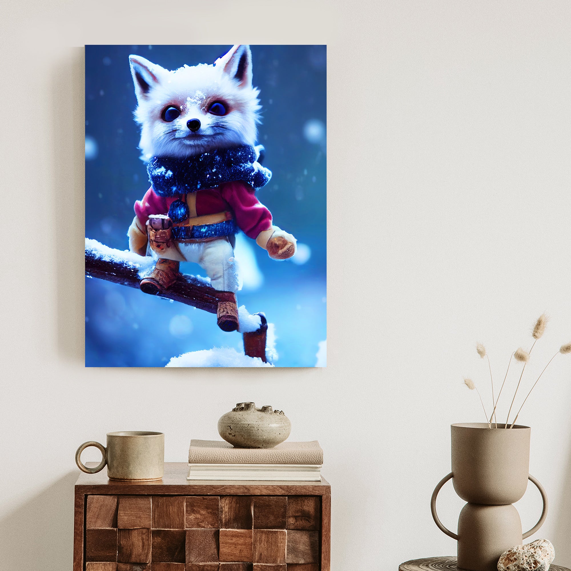 Plakat Uroczy Lisek W Śniegu Rama Drewniana Z Passe-Partout Kolor Naturalny
