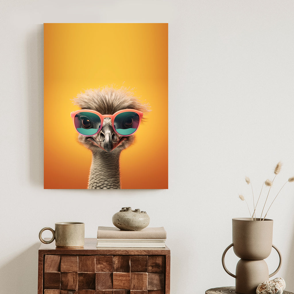 Plakat Struś Na Żółtym Tle W Okularach Rama Drewniana Z Passe-Partout Kolor Naturalny
