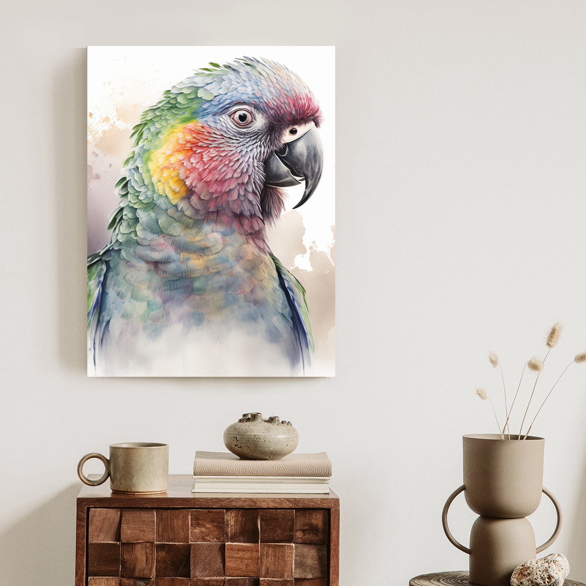 Plakat Papuga Na Akwareli Rama Drewniana Z Passe-Partout Kolor Naturalny
