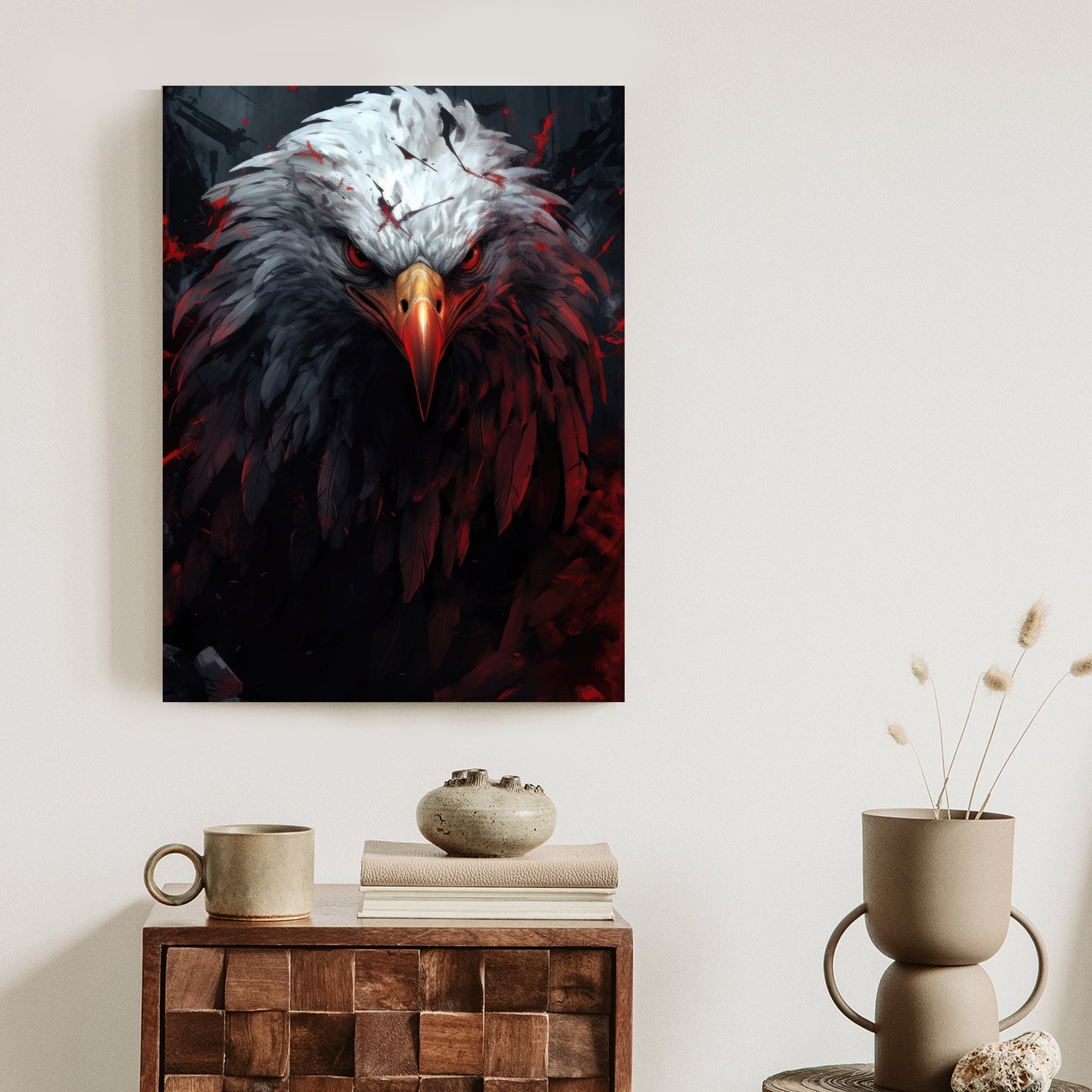 Plakat Orzeł Z Czerwonymi I Czarnymi Piórami Z Groźnym Spojrzeniem Rama Drewniana Z Passe-Partout Kolor Naturalny