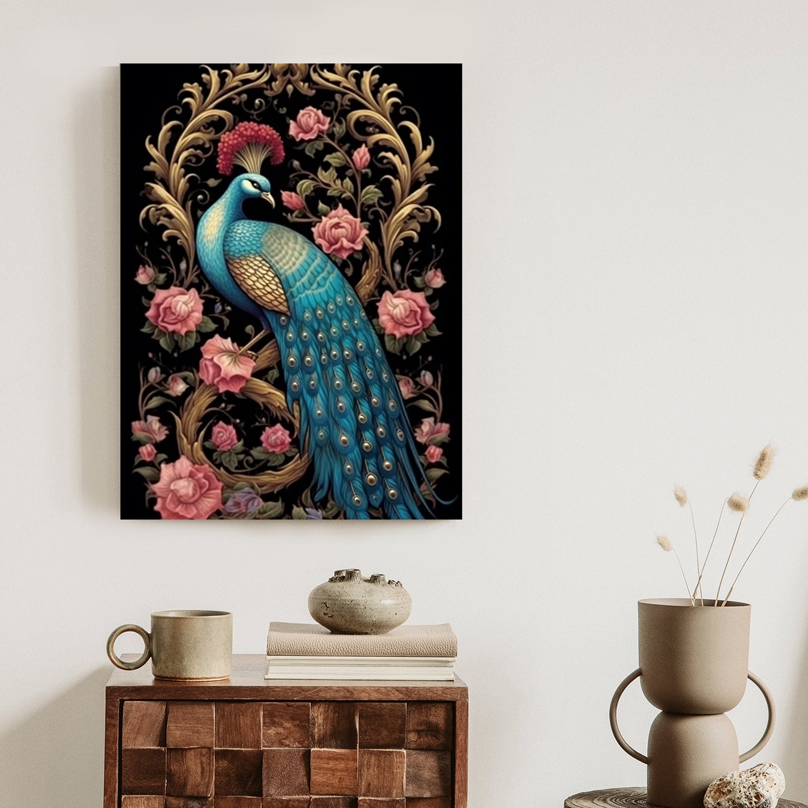 Plakat Egzotyczny Orientalny Wzór Z Pawiem I Roślinami Botanicznymi Rama Drewniana Z Passe-Partout Kolor Naturalny