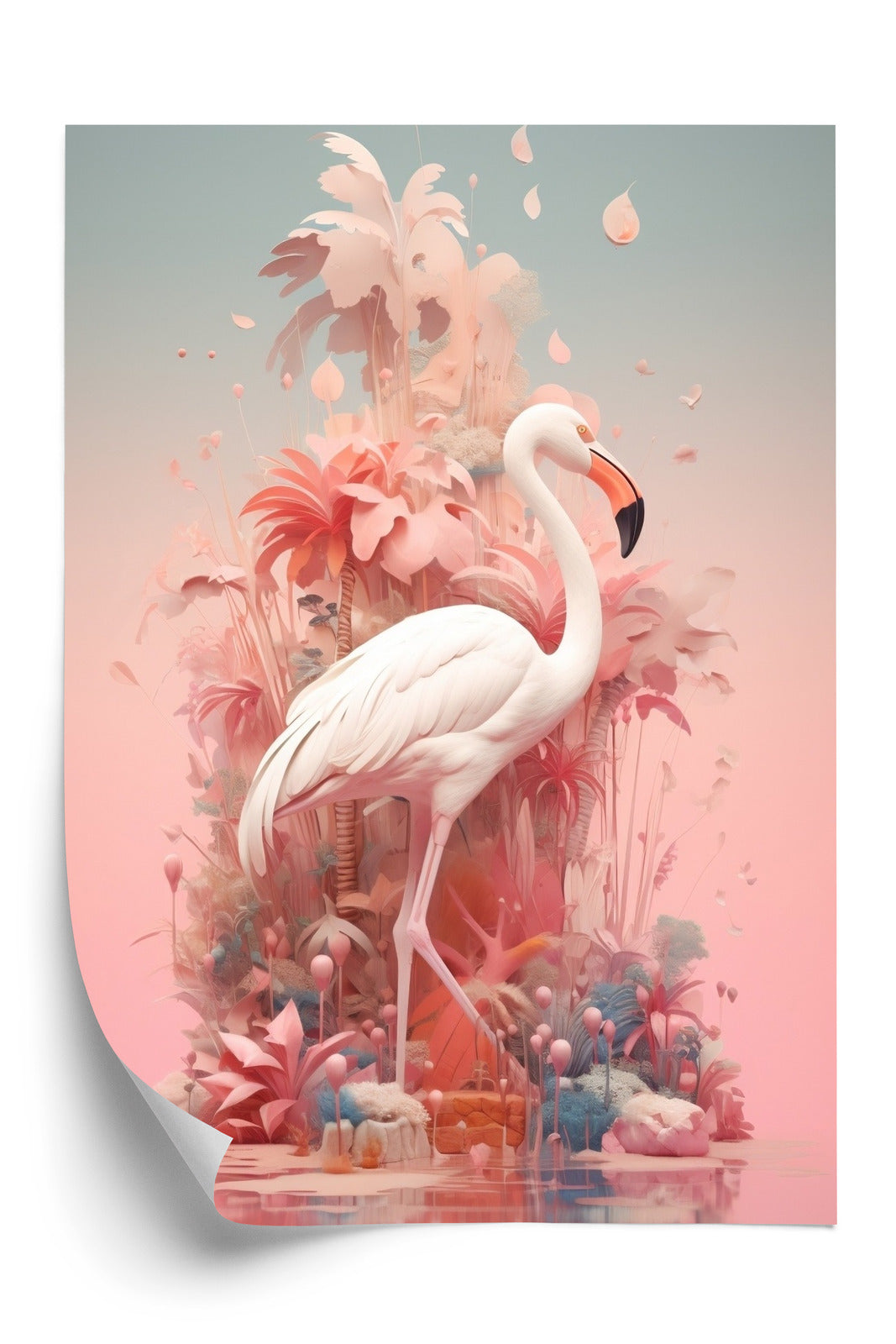 Plakat Surrealistyczna Ilustracja Z Flamingiem Rama Drewniana Z Passe-Partout Kolor Naturalny