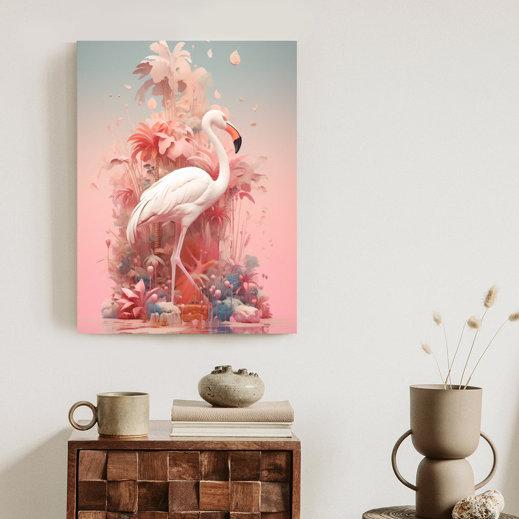 Plakat Surrealistyczna Ilustracja Z Flamingiem Rama Drewniana Z Passe-Partout Kolor Naturalny