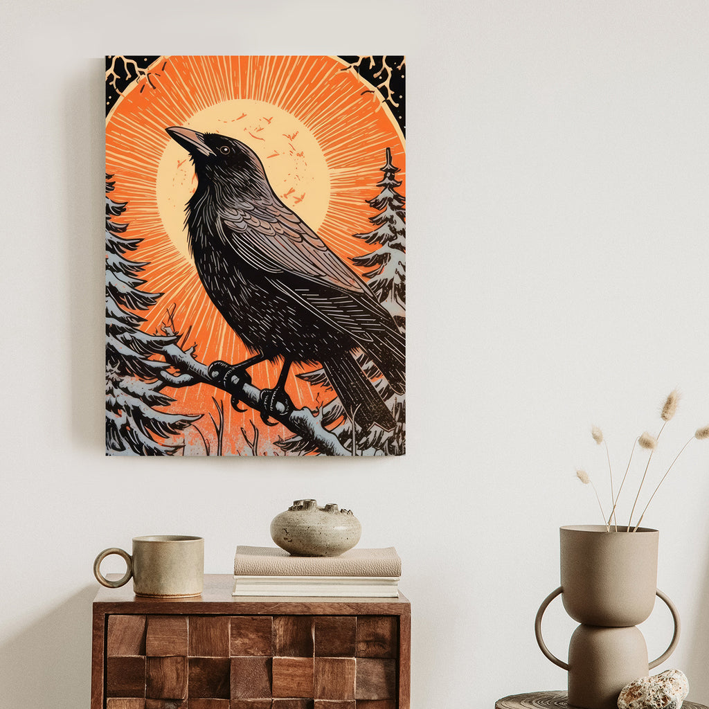 Plakat Grafika Z Krukiem W Zimie Rama Drewniana Z Passe-Partout Kolor Naturalny