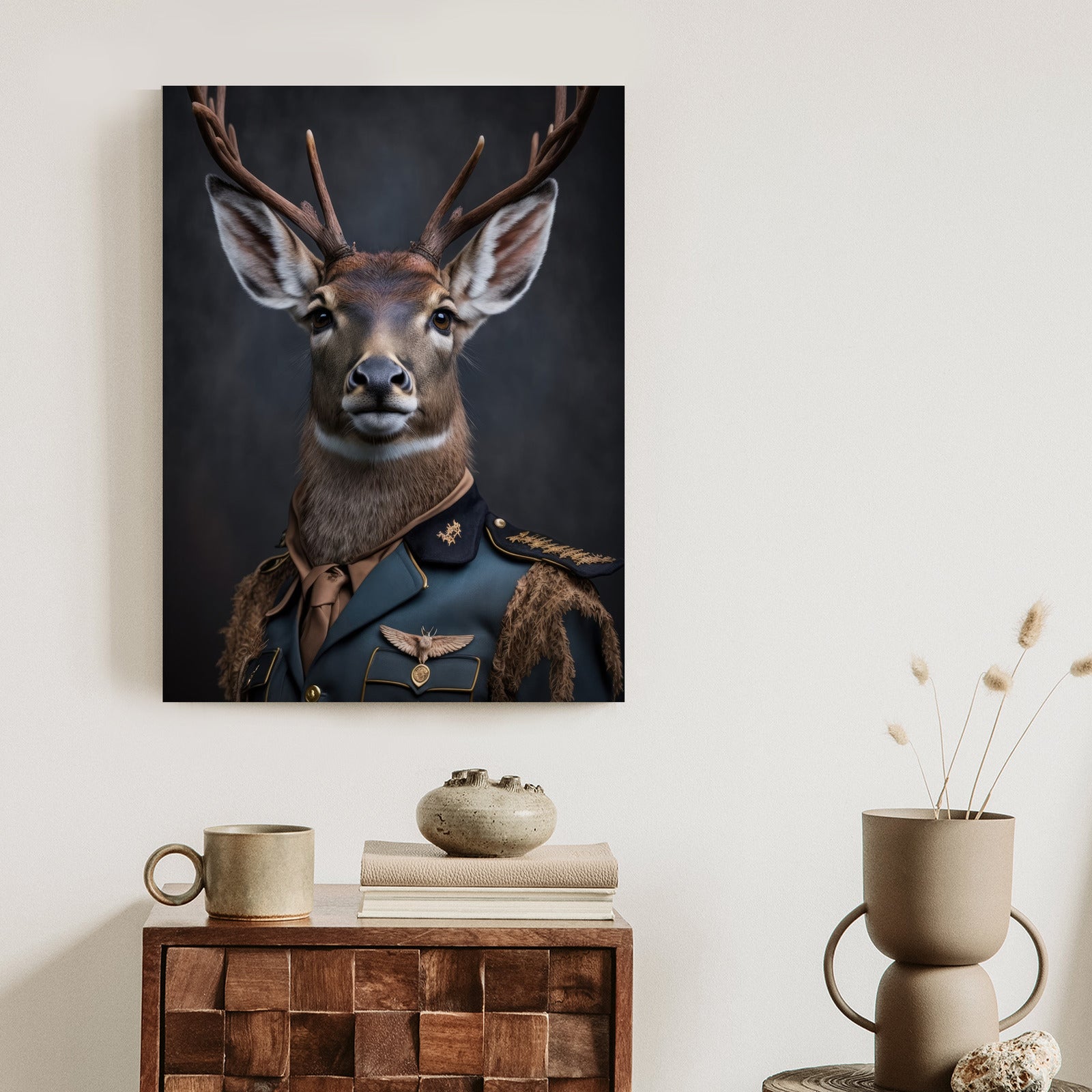 Plakat Jeleń W Wojskowym Mundurze Rama Drewniana Z Passe-Partout Kolor Naturalny