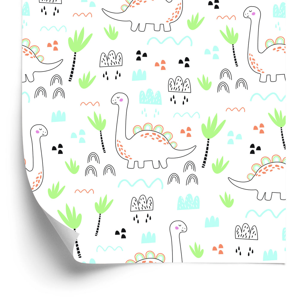 Tapeta Dla Dzieci, Dinozaury Chmury Drzewa Zieleń