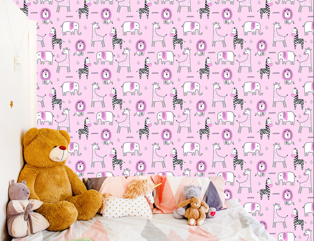Tapeta Dla Dziewczynki W Zwierzątka, Lwy, Żyrafy