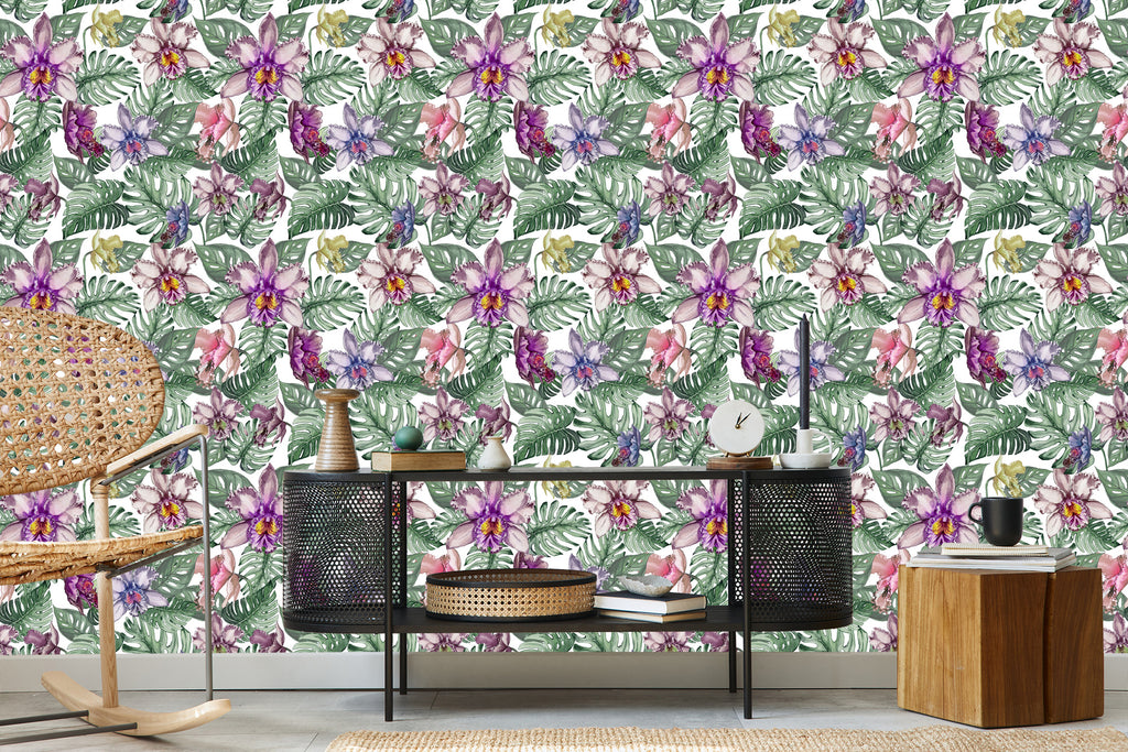 Tapeta Kolorowe Kwiaty Orchidei I Liście Monstery